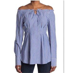 Tibi Garcon Striped Shirred Off Shoulder Top Womens 6